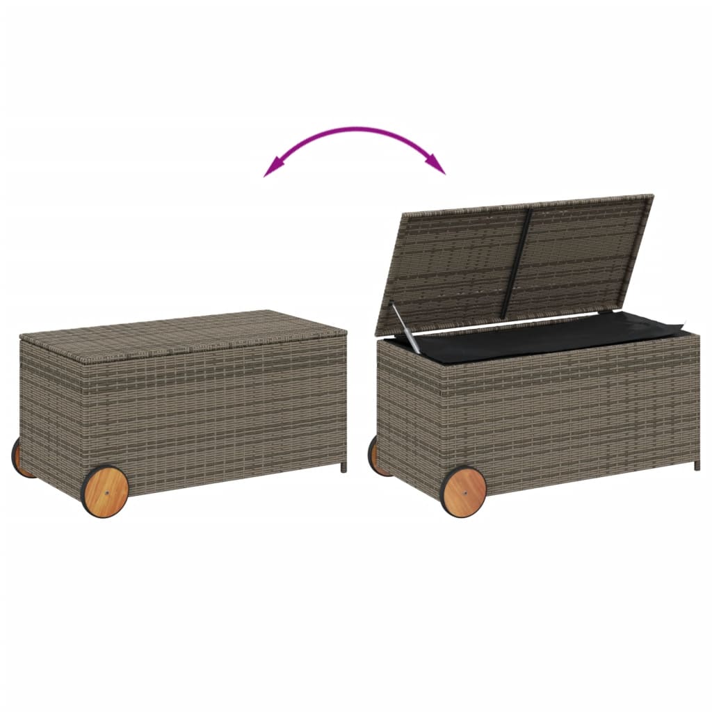 Szürke polyrattan kerti tárolóláda kerekekkel 190 l