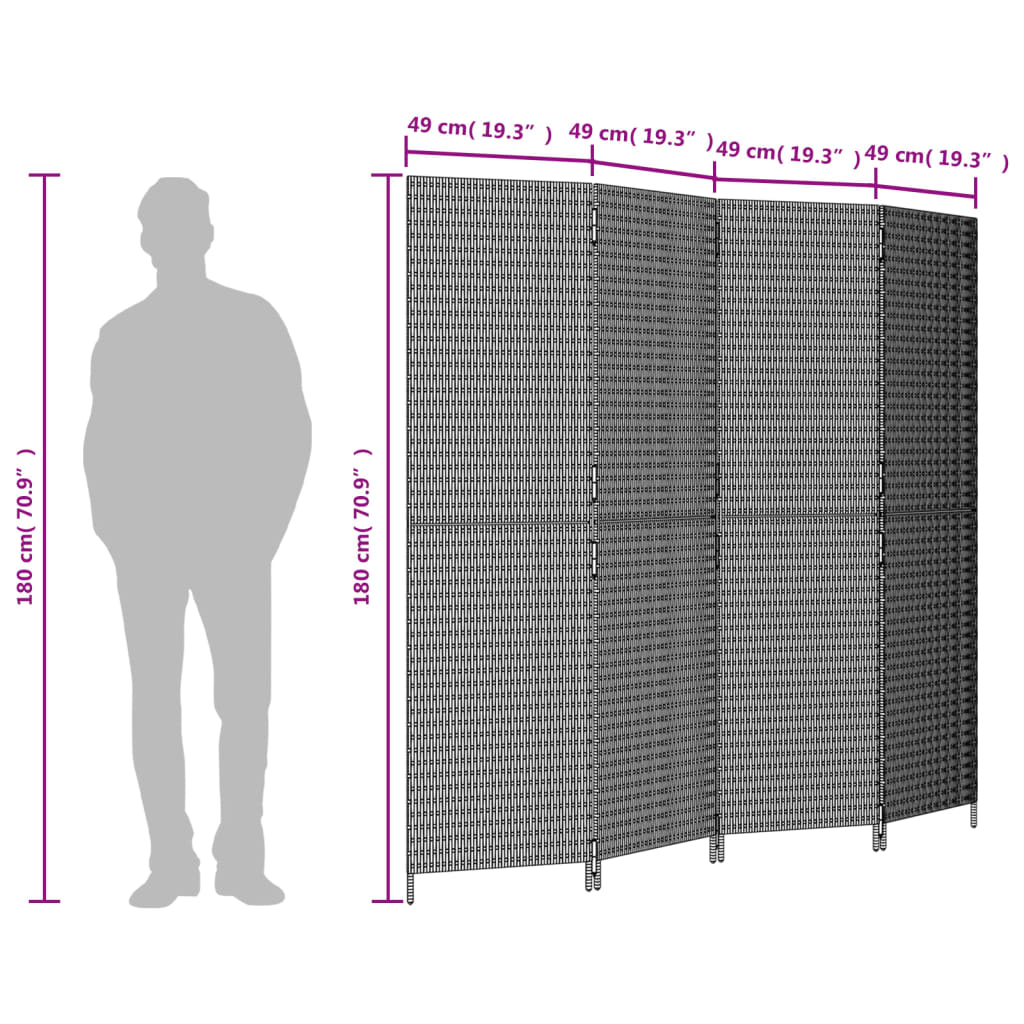 Fekete 4-paneles polyrattan térelválasztó