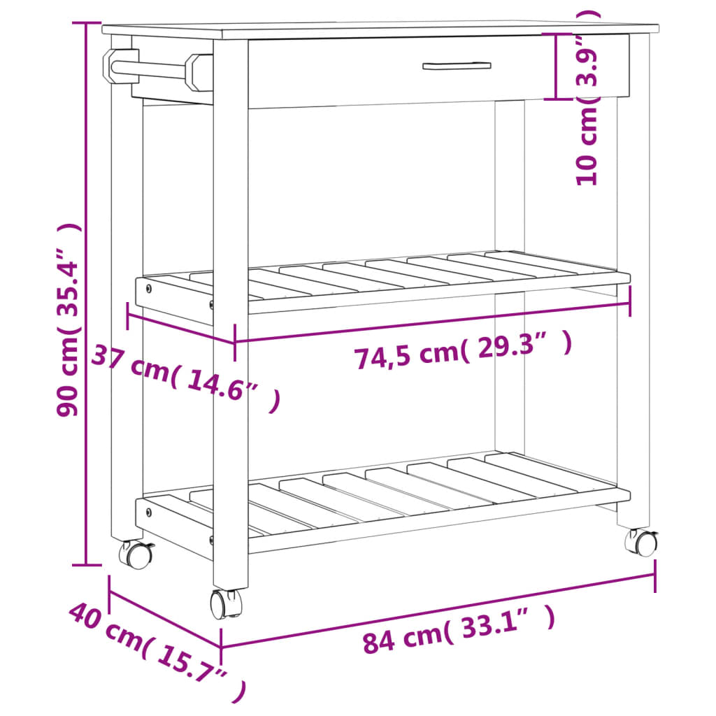 Monza tömör fenyőfa konyhai kocsi 84 x 40 x 90 cm Monza tömör fenyőfa konyhai kocsi 84 x 40 x 90 cm