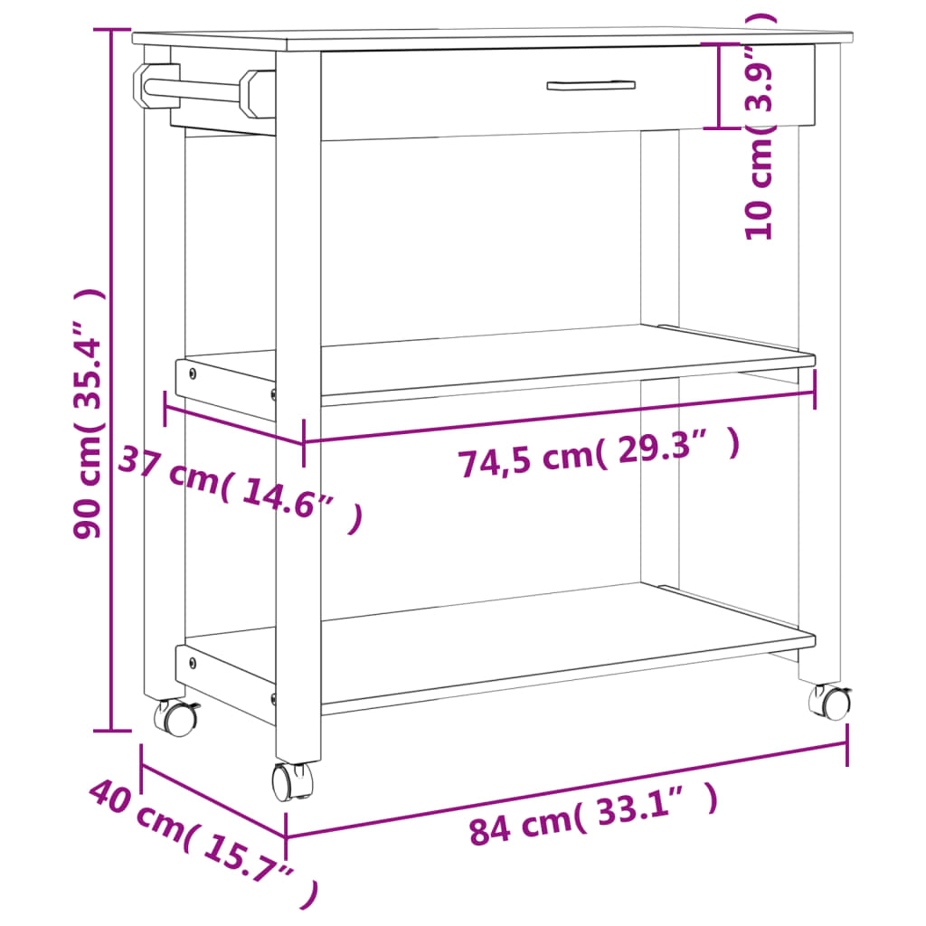Monza tömör fenyőfa konyhai kocsi 84 x 40 x 90 cm Monza tömör fenyőfa konyhai kocsi 84 x 40 x 90 cm