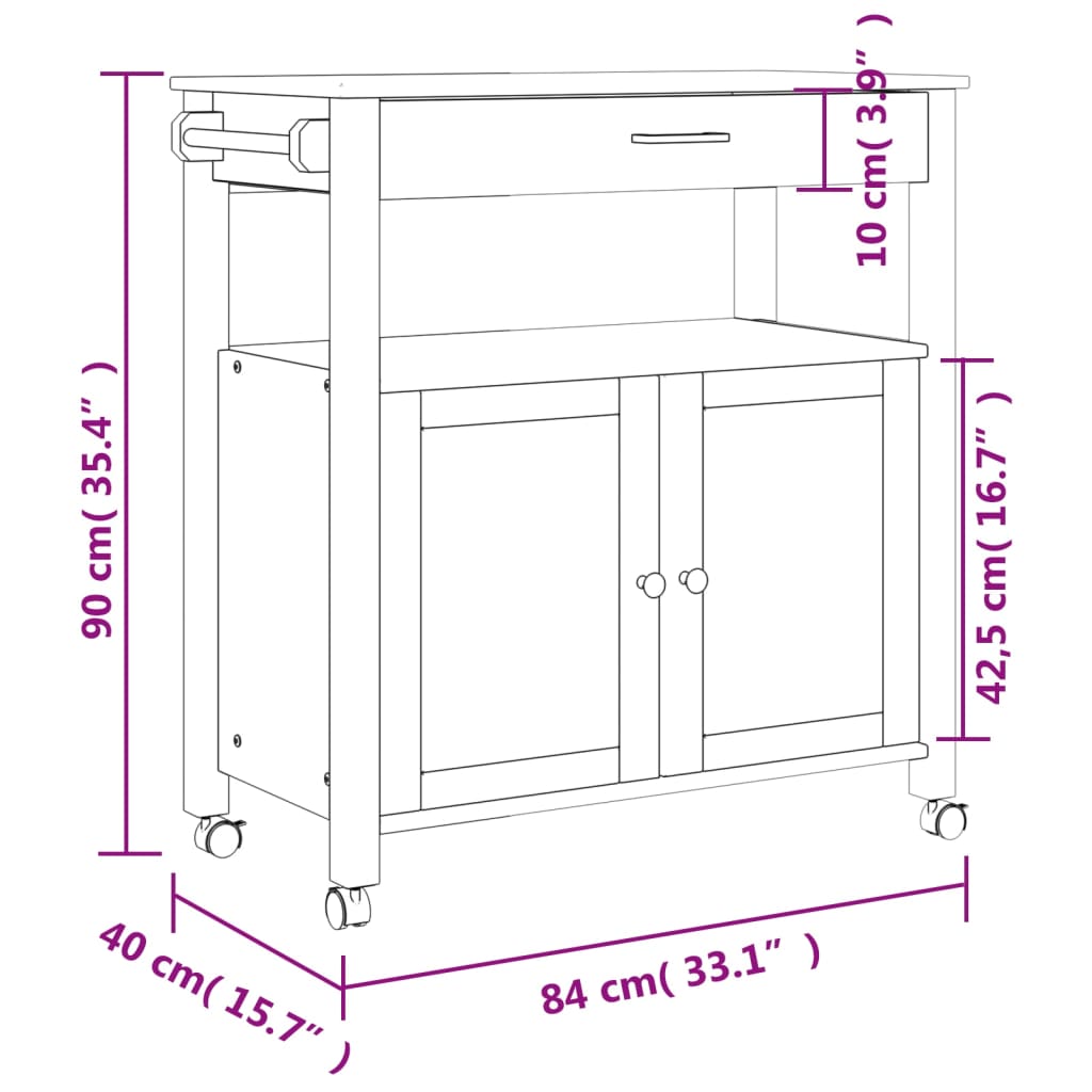 Monza tömör fenyőfa konyhai kocsi 84 x 40 x 90 cm Monza tömör fenyőfa konyhai kocsi 84 x 40 x 90 cm