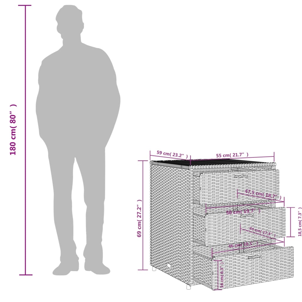 Barna polyrattan kerti tárolószekrény 55 x 59 x 69 cm