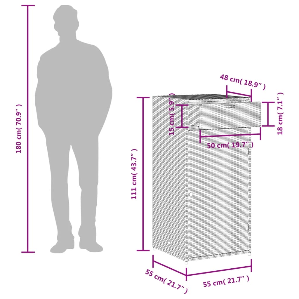 Barna polyrattan kerti tárolószekrény 55 x 55 x 111 cm