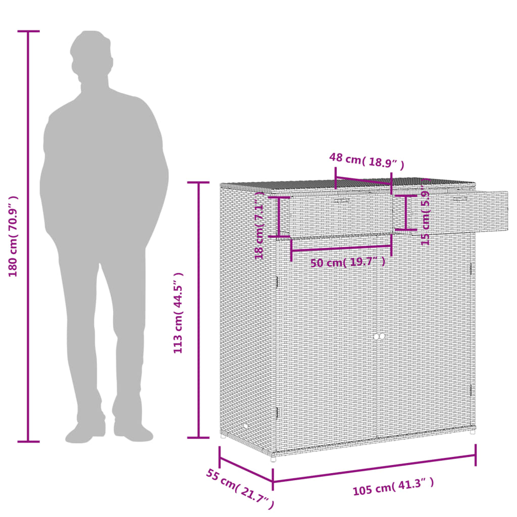 Barna polyrattan kerti tárolószekrény 105 x 55 x 113 cm