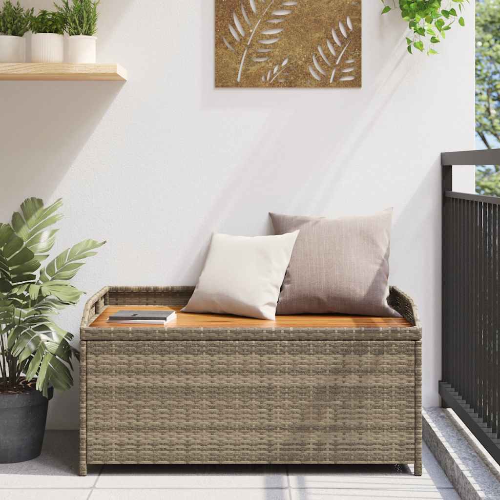 Szürke polyrattan és akácfa tárolópad 100 x 50 x 52 cm