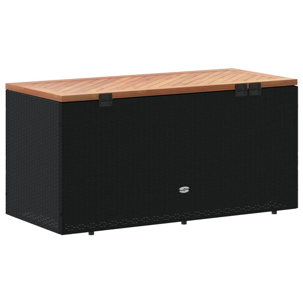 Fekete polyrattan és akácfa kerti tárolóláda 110 x 50 x 54 cm
