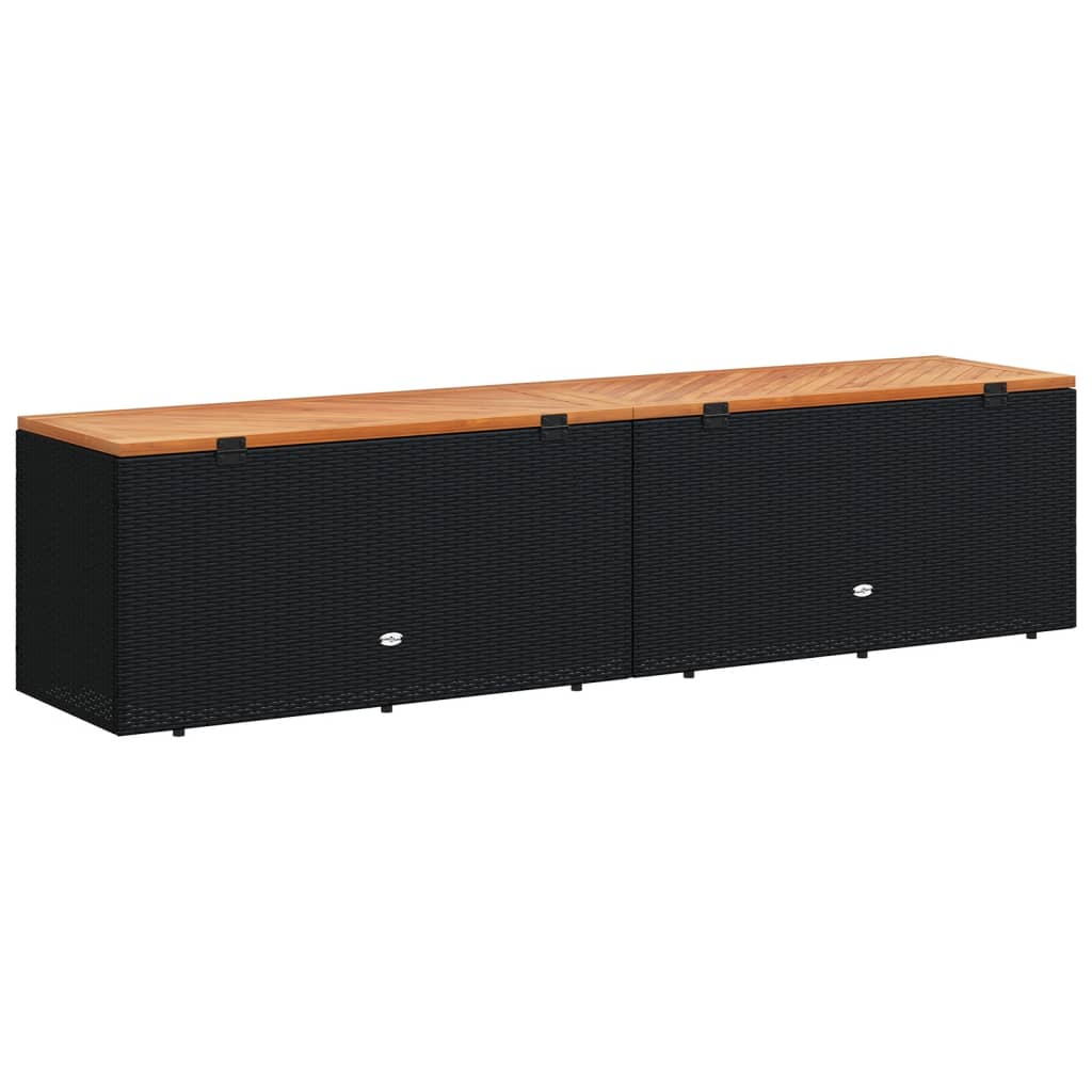 Fekete polyrattan és akácfa kerti tárolóláda 220 x 50 x 54 cm