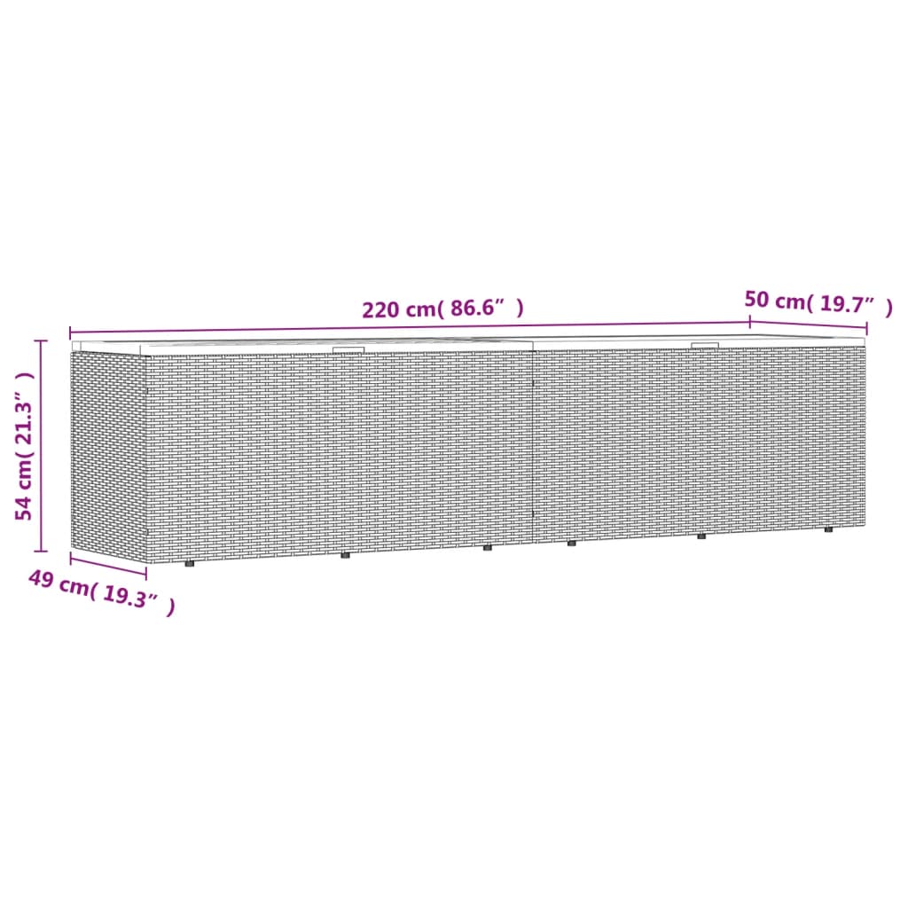 Szürke polyrattan és akácfa kerti tárolóláda 220 x 50 x 54 cm