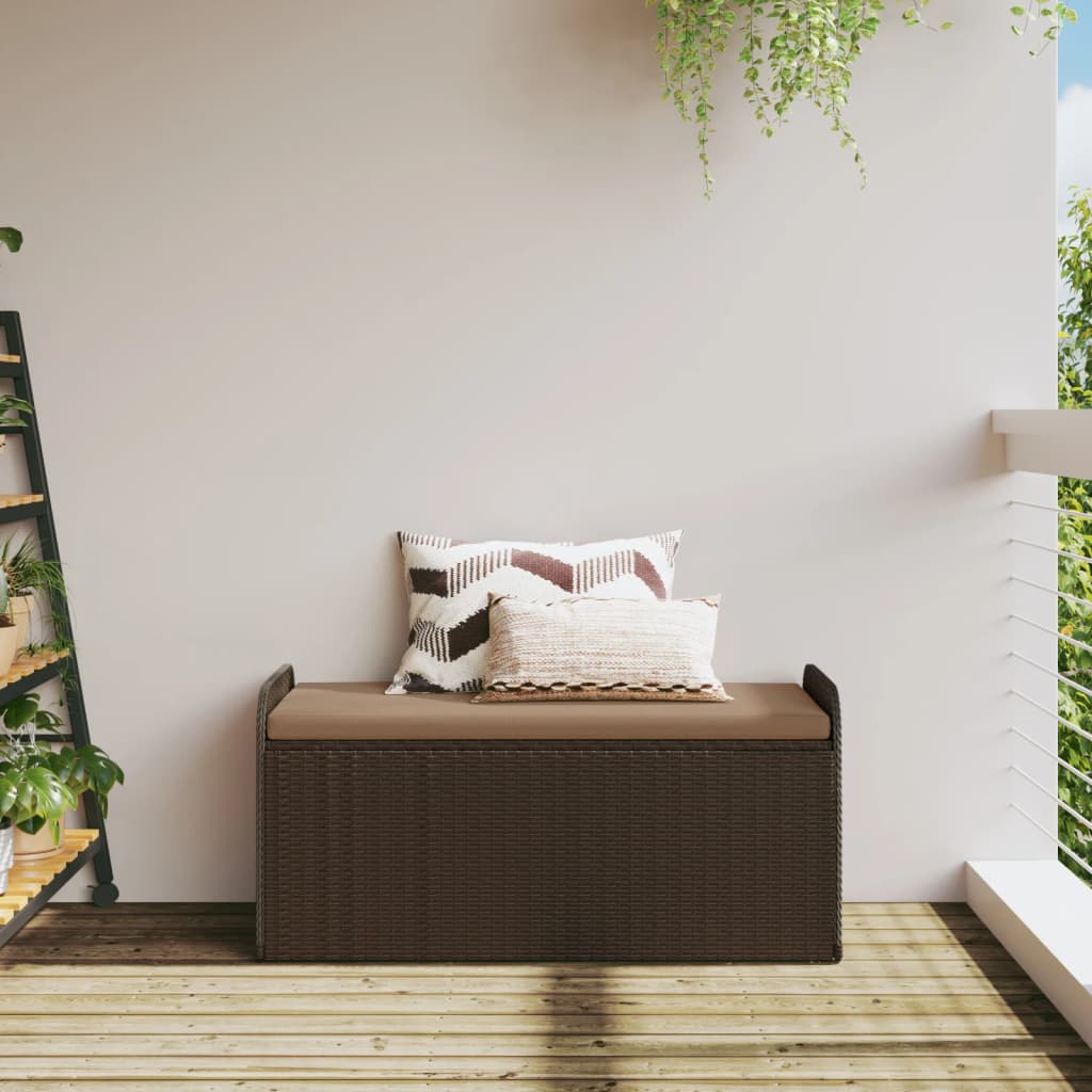 Barna polyrattan tárolópad párnával 115 x 51 x 52 cm