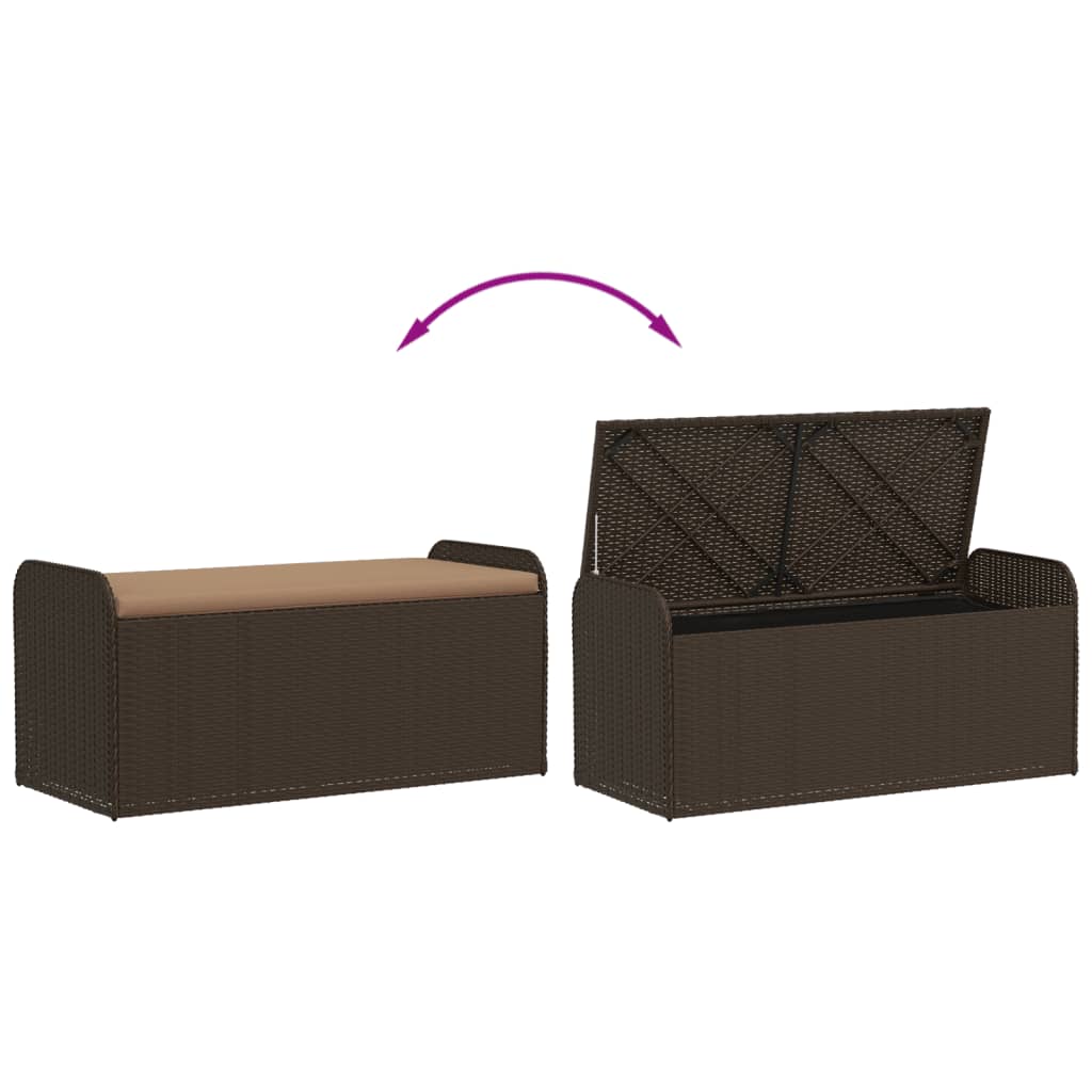 Barna polyrattan tárolópad párnával 115 x 51 x 52 cm