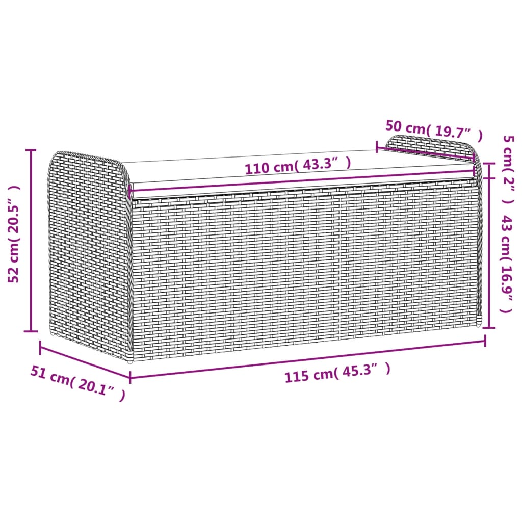 Barna polyrattan tárolópad párnával 115 x 51 x 52 cm