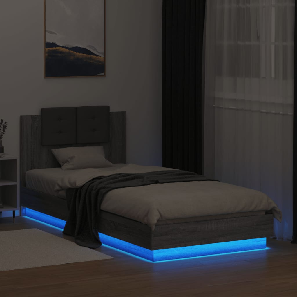 Szürke sonoma színű ágykeret fejtámlával és led-ekkel 90x200 cm
