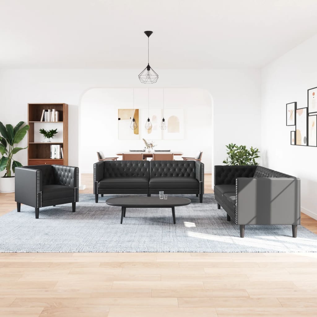 3 részes fekete műbőr chesterfield kanapégarnitúra 3 részes fekete műbőr chesterfield kanapégarnitúra