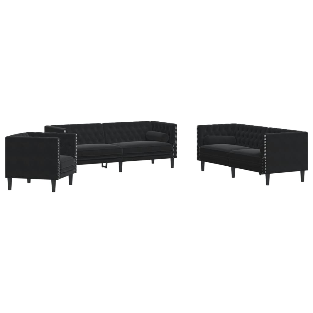 3 részes fekete bársony chesterfield kanapészett párnákkal 3 részes fekete bársony chesterfield kanapészett párnákkal