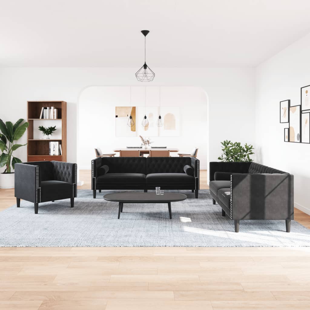 3 részes fekete bársony chesterfield kanapészett párnákkal 3 részes fekete bársony chesterfield kanapészett párnákkal