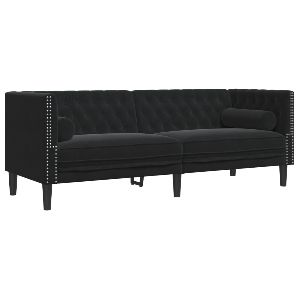 3 részes fekete bársony chesterfield kanapészett párnákkal 3 részes fekete bársony chesterfield kanapészett párnákkal