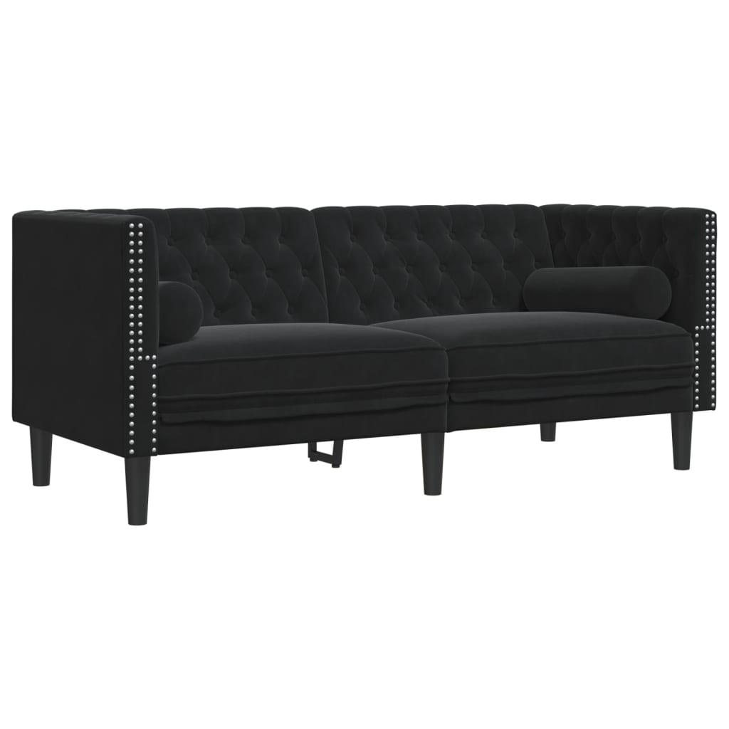 3 részes fekete bársony chesterfield kanapészett párnákkal 3 részes fekete bársony chesterfield kanapészett párnákkal
