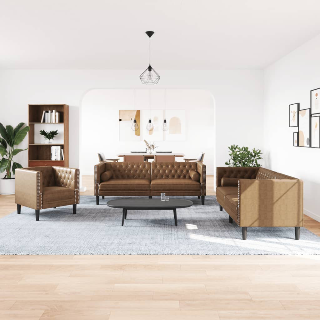3 részes barna művelúr chesterfield kanapészett hengerpárnákkal