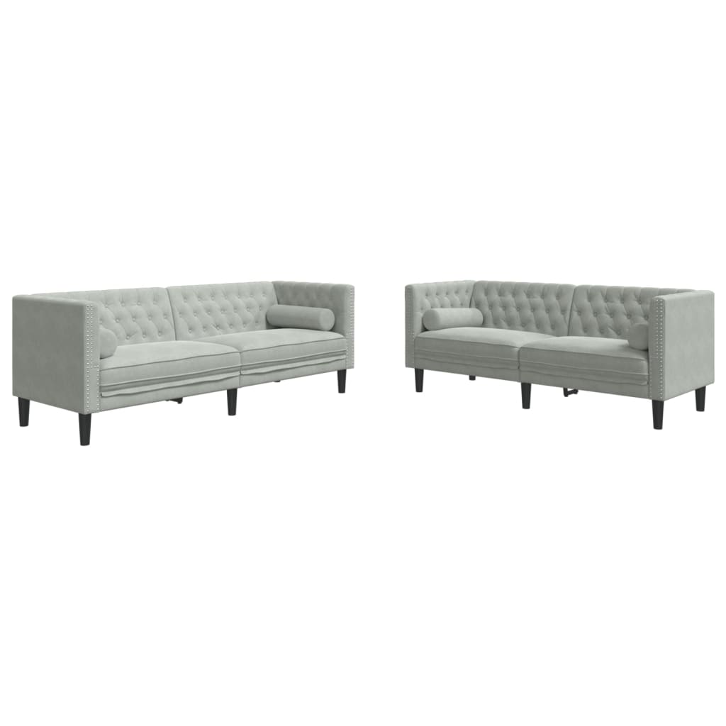 2 részes világosszürke bársony párnás chesterfield kanapé szett