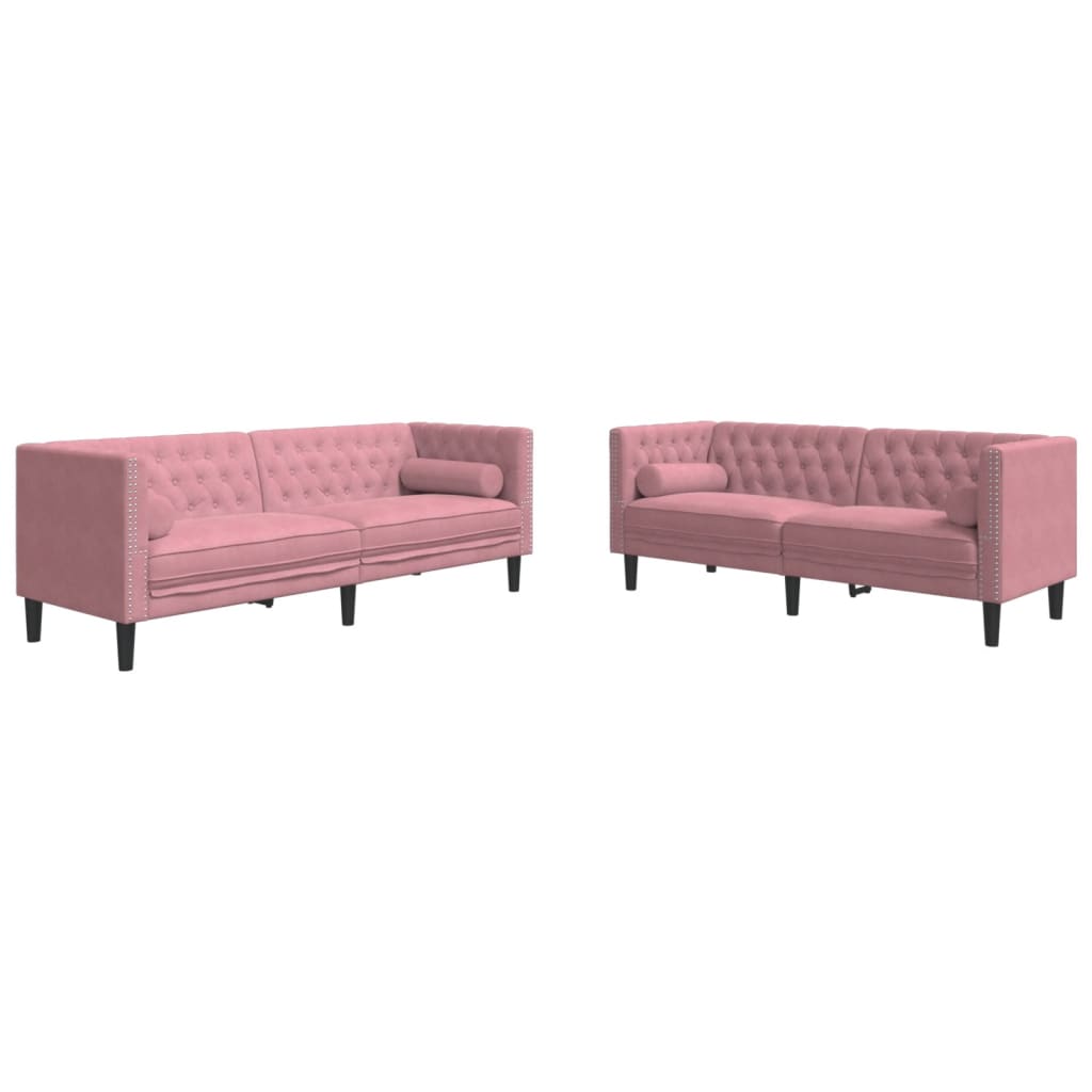 2 részes rózsaszín bársony chesterfield kanapészett párnákkal 2 részes rózsaszín bársony chesterfield kanapészett párnákkal
