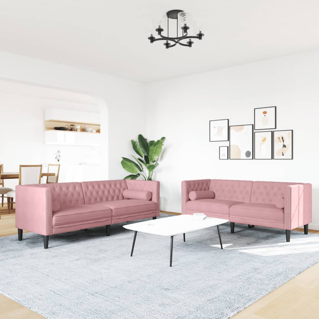 2 részes rózsaszín bársony chesterfield kanapészett párnákkal 2 részes rózsaszín bársony chesterfield kanapészett párnákkal