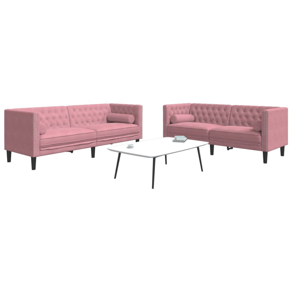 2 részes rózsaszín bársony chesterfield kanapészett párnákkal 2 részes rózsaszín bársony chesterfield kanapészett párnákkal