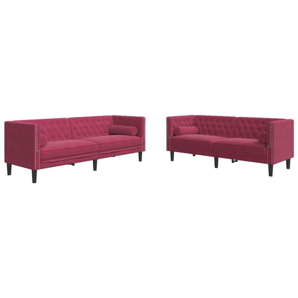 2 részes bordó bársony chesterfield kanapészett hengerpárnákkal 2 részes bordó bársony chesterfield kanapészett hengerpárnákkal