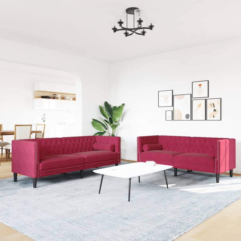2 részes bordó bársony chesterfield kanapészett hengerpárnákkal 2 részes bordó bársony chesterfield kanapészett hengerpárnákkal