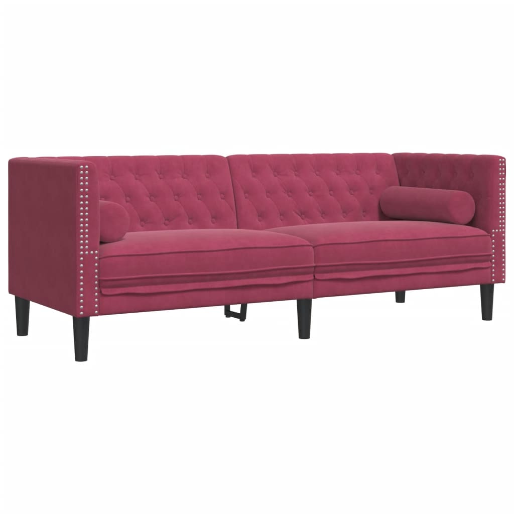 2 részes bordó bársony chesterfield kanapészett hengerpárnákkal 2 részes bordó bársony chesterfield kanapészett hengerpárnákkal