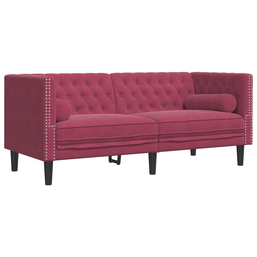 2 részes bordó bársony chesterfield kanapészett hengerpárnákkal 2 részes bordó bársony chesterfield kanapészett hengerpárnákkal