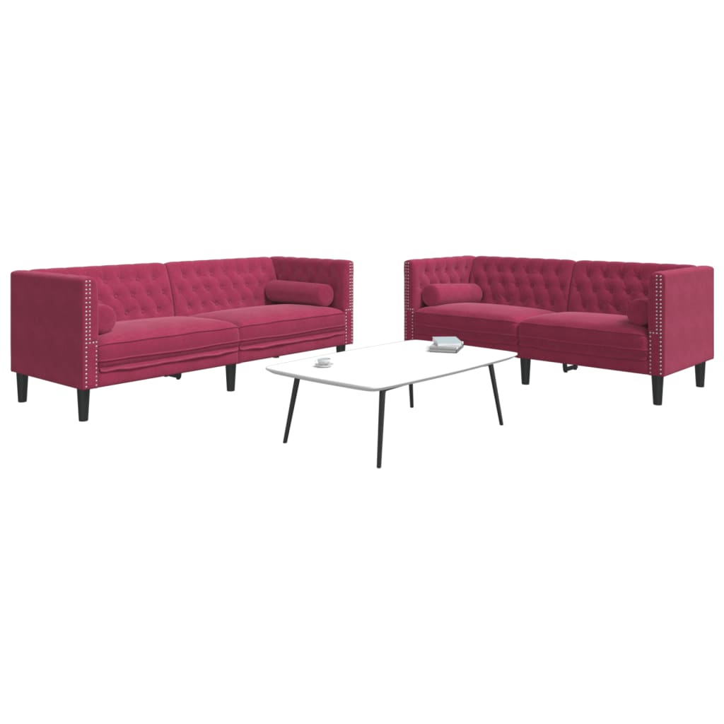 2 részes bordó bársony chesterfield kanapészett hengerpárnákkal 2 részes bordó bársony chesterfield kanapészett hengerpárnákkal