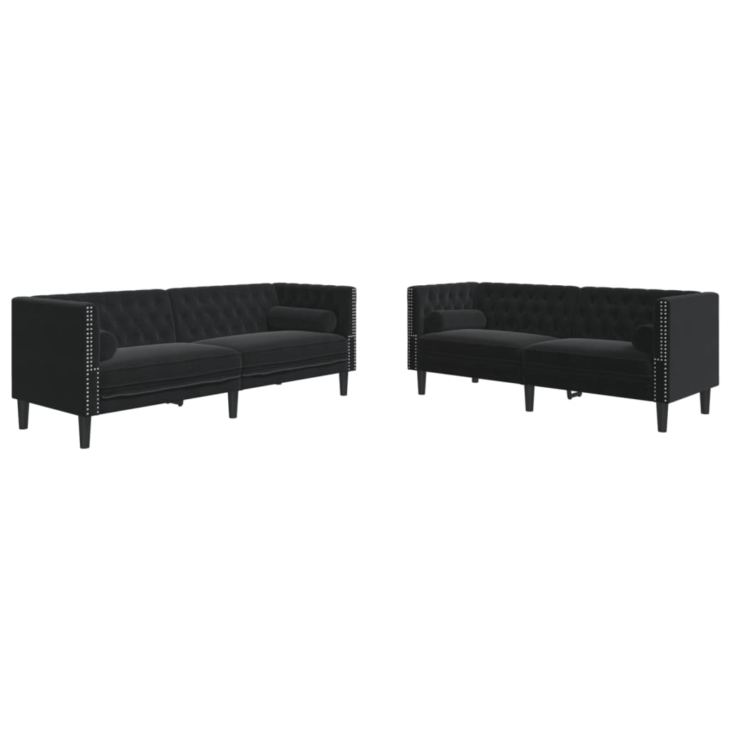 2 részes fekete bársony chesterfield kanapészett párnákkal