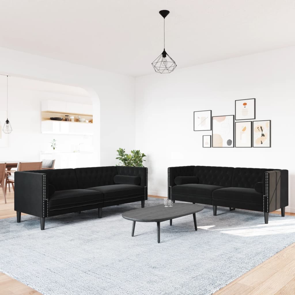 2 részes fekete bársony chesterfield kanapészett párnákkal