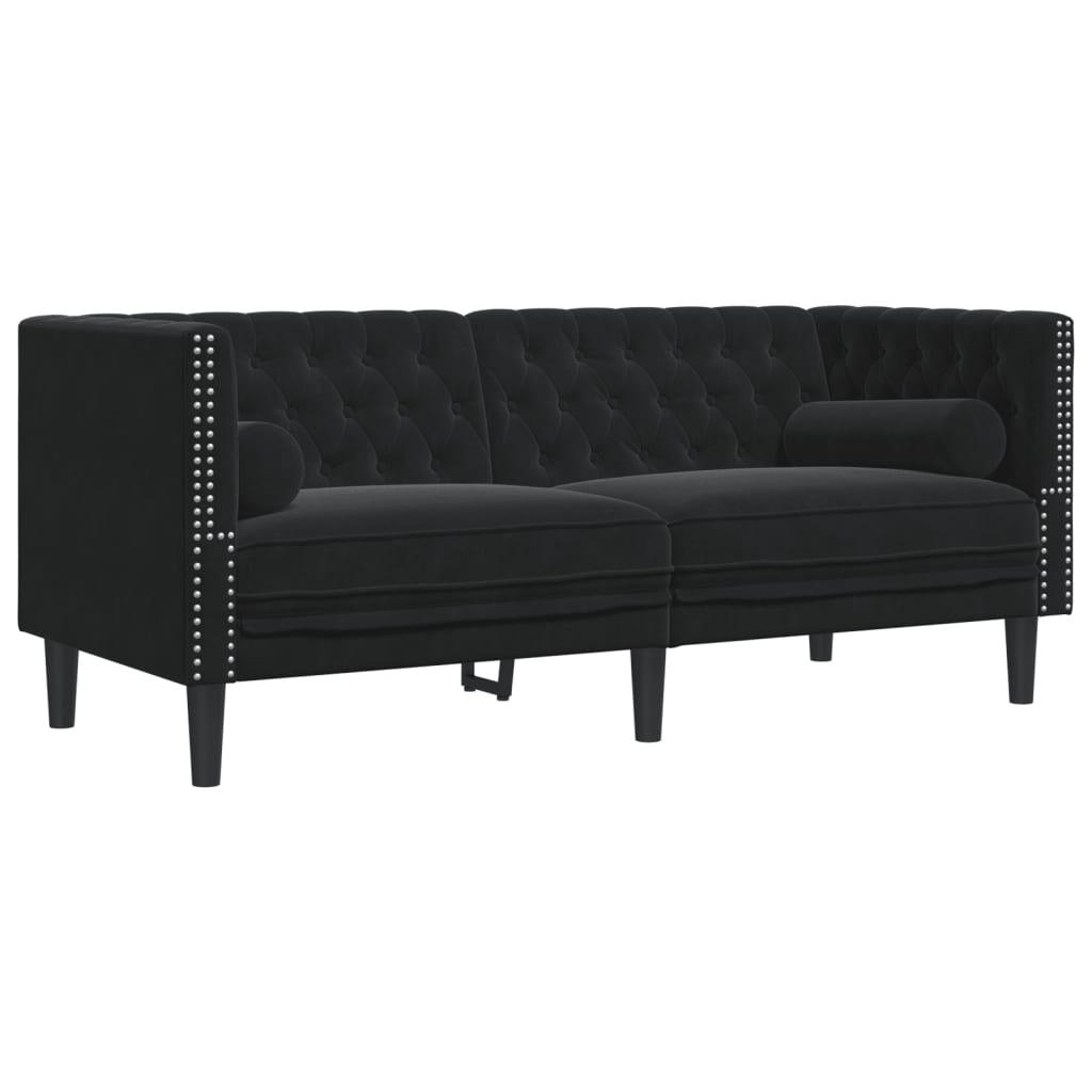 2 részes fekete bársony chesterfield kanapészett párnákkal