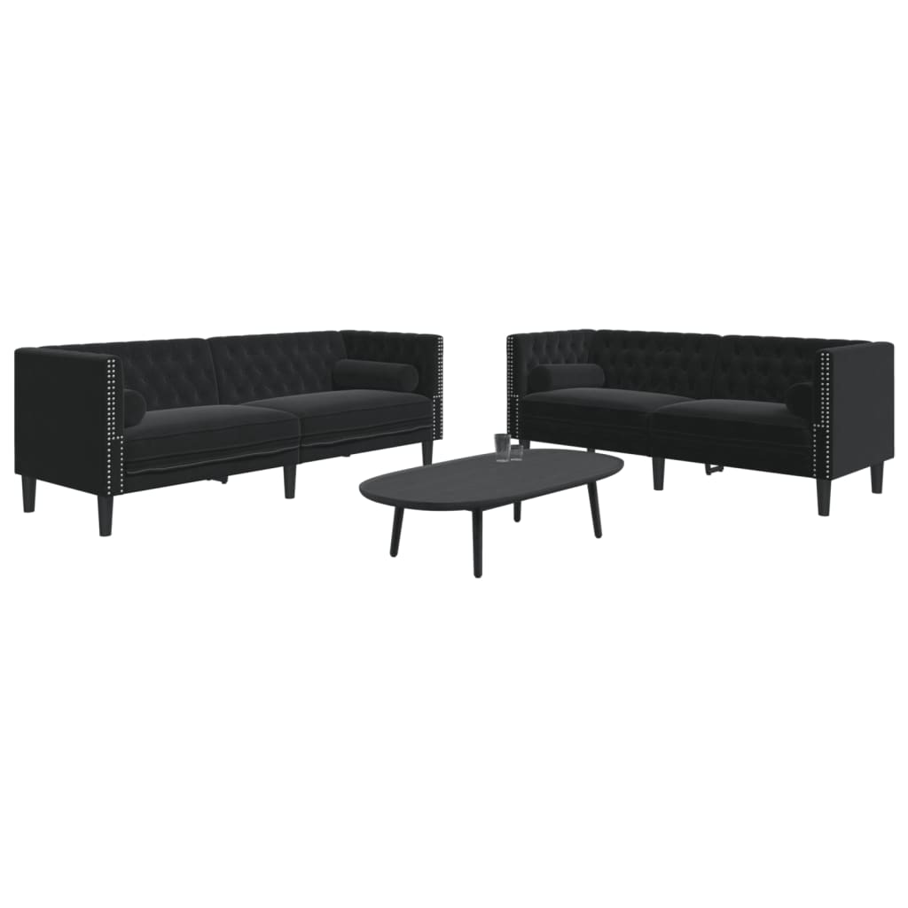 2 részes fekete bársony chesterfield kanapészett párnákkal