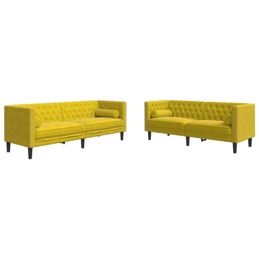 2 részes sárga bársony chesterfield kanapészett hengerpárnákkal