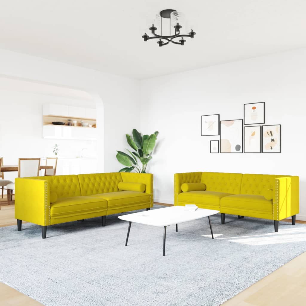 2 részes sárga bársony chesterfield kanapészett hengerpárnákkal