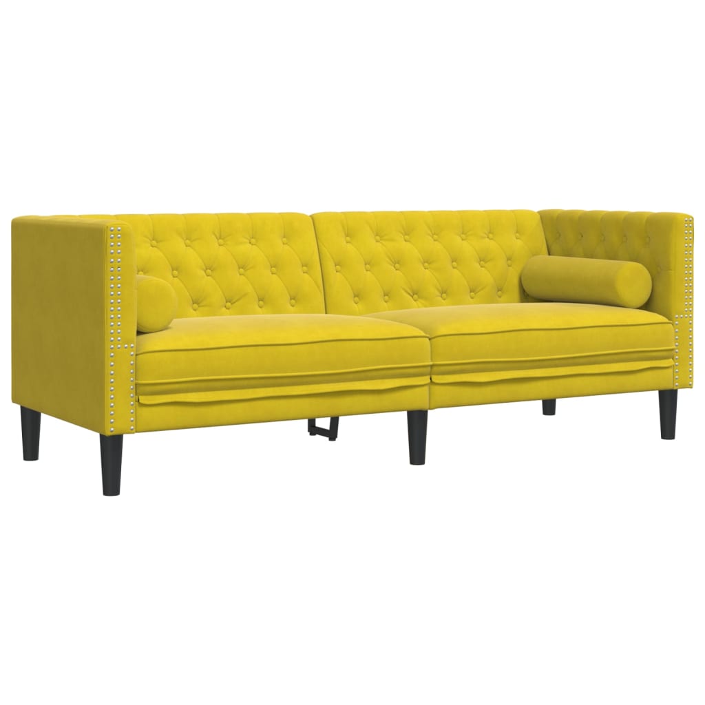 2 részes sárga bársony chesterfield kanapészett hengerpárnákkal