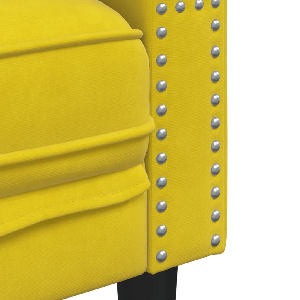 2 részes sárga bársony chesterfield kanapészett hengerpárnákkal