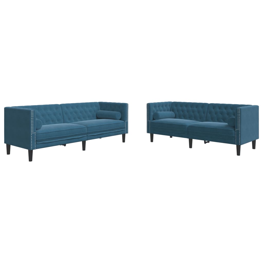 2 részes kék bársony chesterfield kanapészett hengerpárnákkal 2 részes kék bársony chesterfield kanapészett hengerpárnákkal