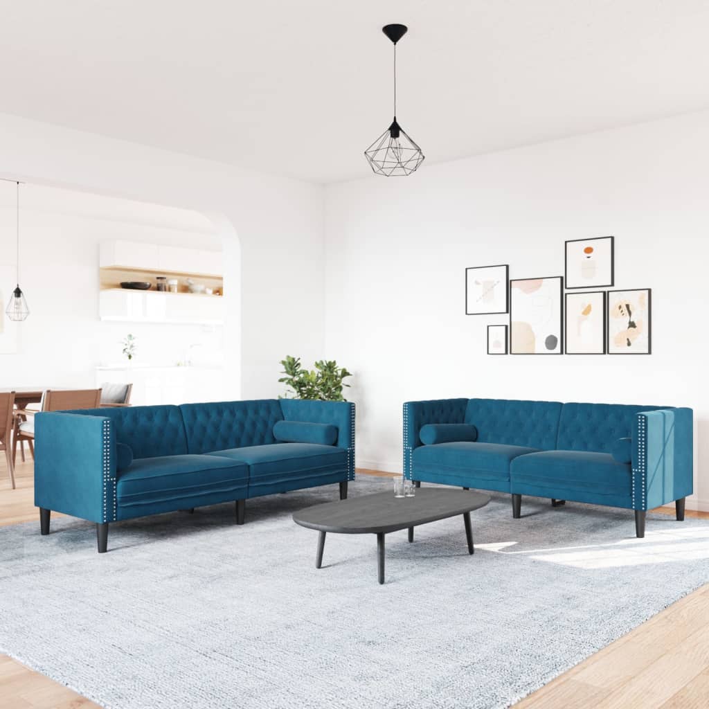 2 részes kék bársony chesterfield kanapészett hengerpárnákkal 2 részes kék bársony chesterfield kanapészett hengerpárnákkal