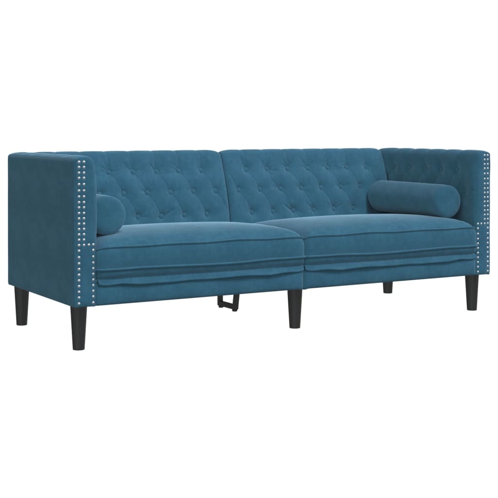 2 részes kék bársony chesterfield kanapészett hengerpárnákkal 2 részes kék bársony chesterfield kanapészett hengerpárnákkal