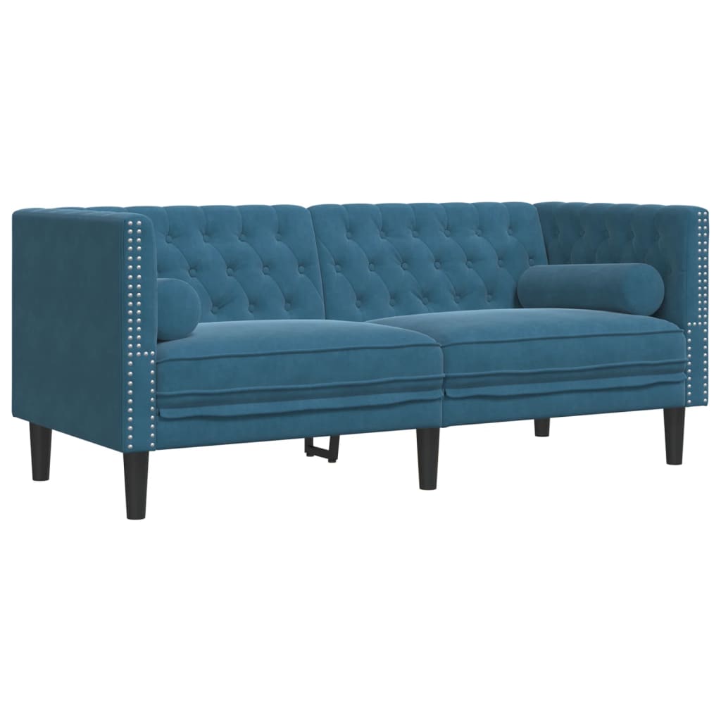 2 részes kék bársony chesterfield kanapészett hengerpárnákkal 2 részes kék bársony chesterfield kanapészett hengerpárnákkal
