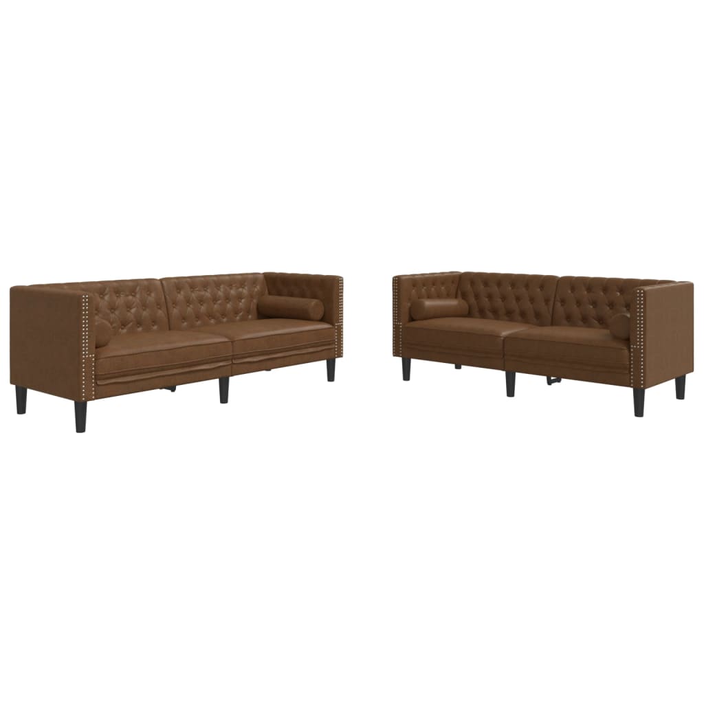 2 részes barna művelúr chesterfield kanapészett hengerpárnákkal 2 részes barna művelúr chesterfield kanapészett hengerpárnákkal
