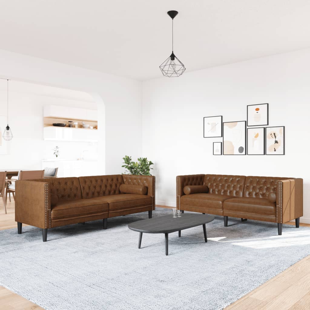 2 részes barna művelúr chesterfield kanapészett hengerpárnákkal 2 részes barna művelúr chesterfield kanapészett hengerpárnákkal