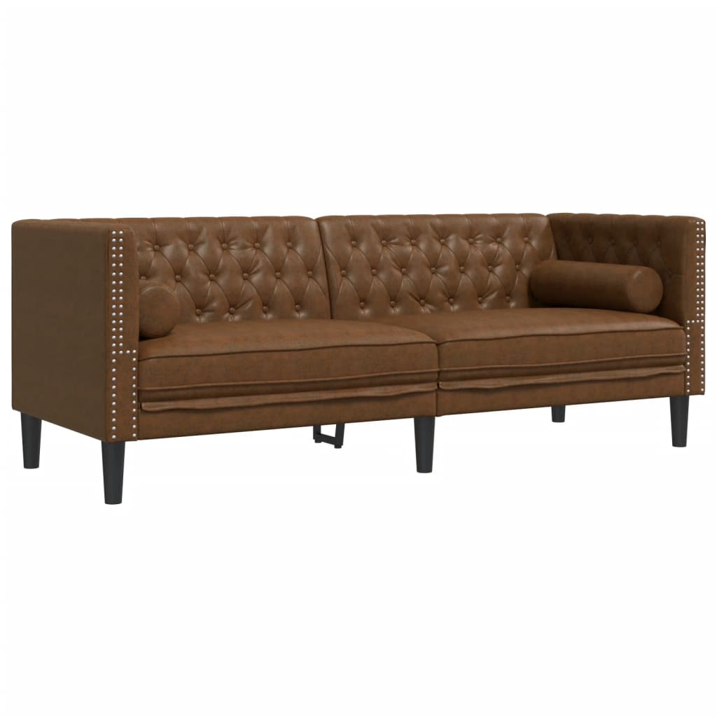 2 részes barna művelúr chesterfield kanapészett hengerpárnákkal 2 részes barna művelúr chesterfield kanapészett hengerpárnákkal