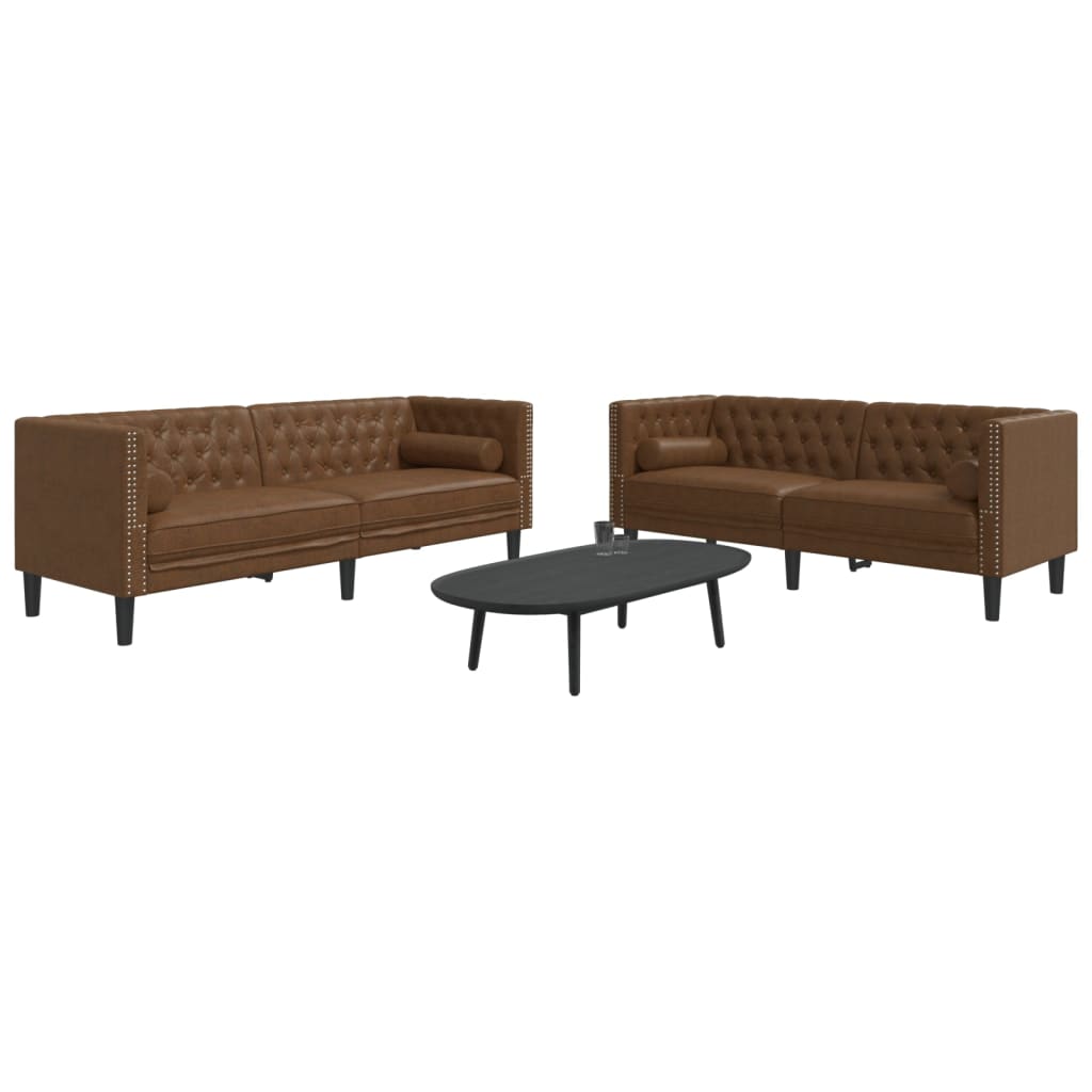 2 részes barna művelúr chesterfield kanapészett hengerpárnákkal 2 részes barna művelúr chesterfield kanapészett hengerpárnákkal