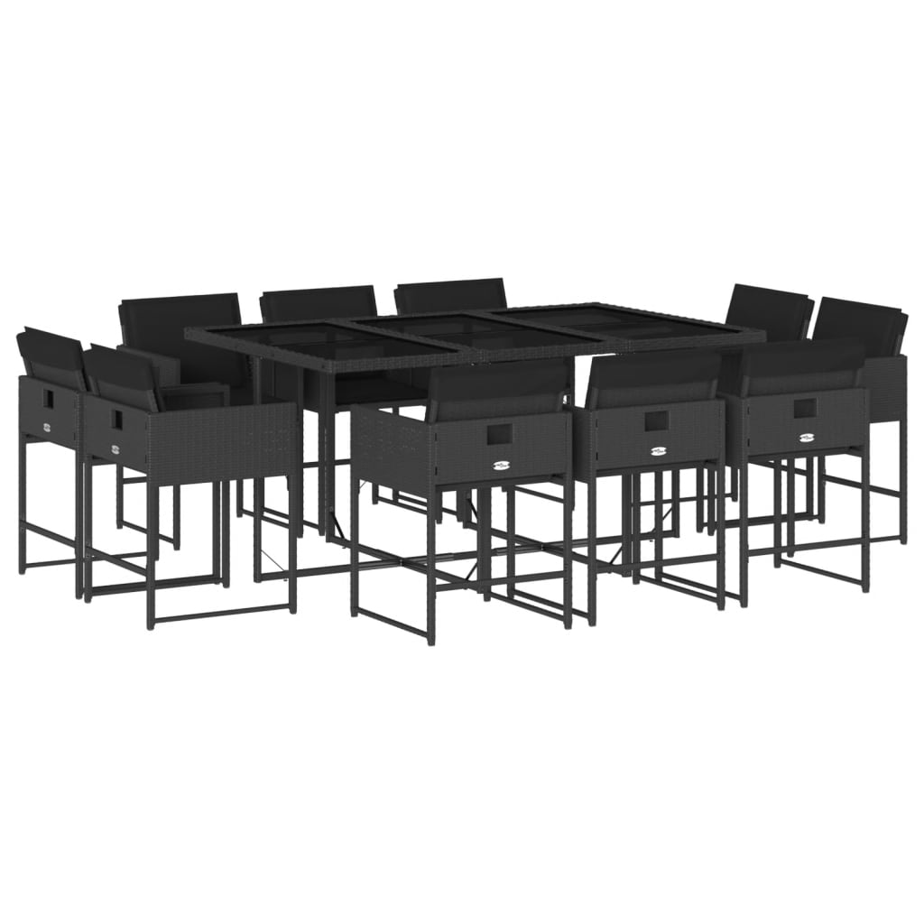 11 részes fekete polyrattan kerti étkezőgarnitúra párnákkal
