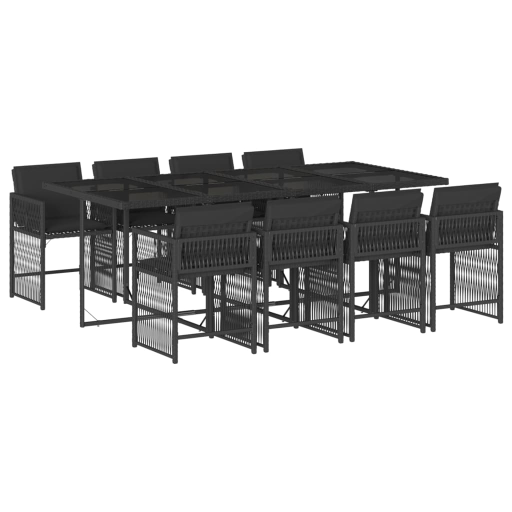 9 részes fekete polyrattan kerti étkezőgarnitúra párnákkal