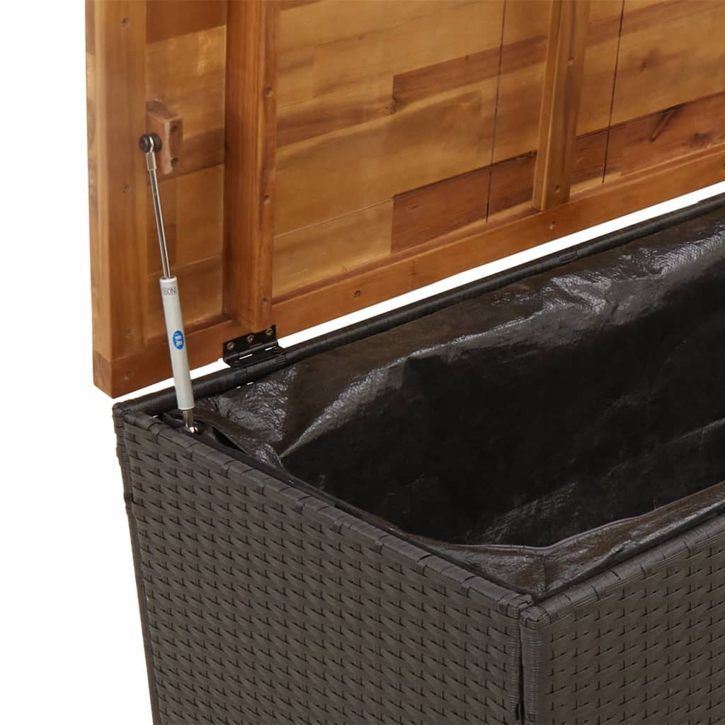 Fekete polyrattan és akácfa kerti tárolóláda 110 x 55 x 63 cm